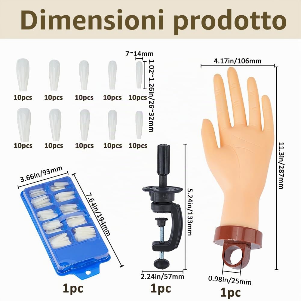 SUPERFINDINGS Mano pratica per unghie acriliche in gomma flessibile per allenamento mani finte con 100 punte trapezoidali in plastica per principianti manicure