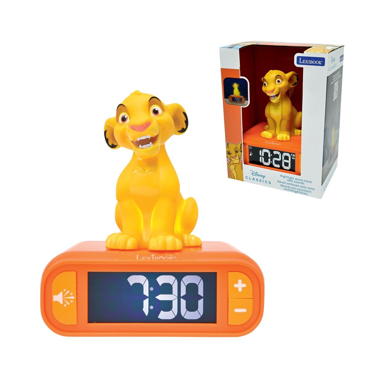 LEXIBOOK, Disney The Lion King, Simba Nightlight alarm clock, Sounds and Melodies, LCD Backlit screen, Luminous, Snooze, Yellow/Orange, RL800ANLXB
