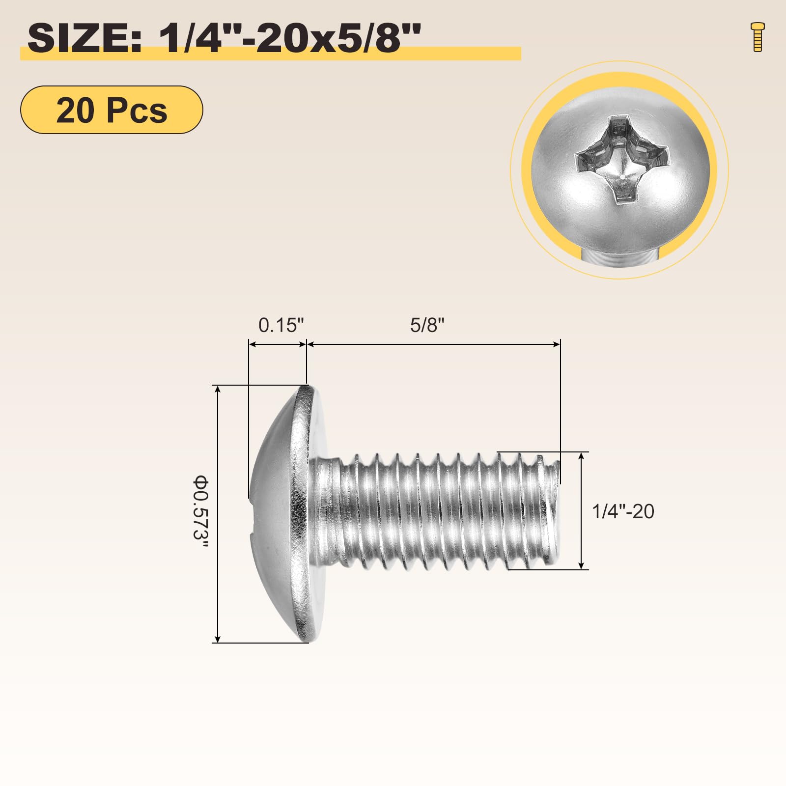 METALLIXITY Machine Screws Phillips Head(1/4"-20x5/8") 20Pcs, 304 Stainless Steel Round Head Phillips Drive Furniture Bolts - Image 2