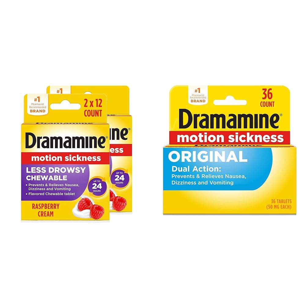 Dramamine Motion Sickness Relief Chewable Tablets 2 Pack, Raspberry Cream Flavor, 12 Count and Original Tablets, 36 Count