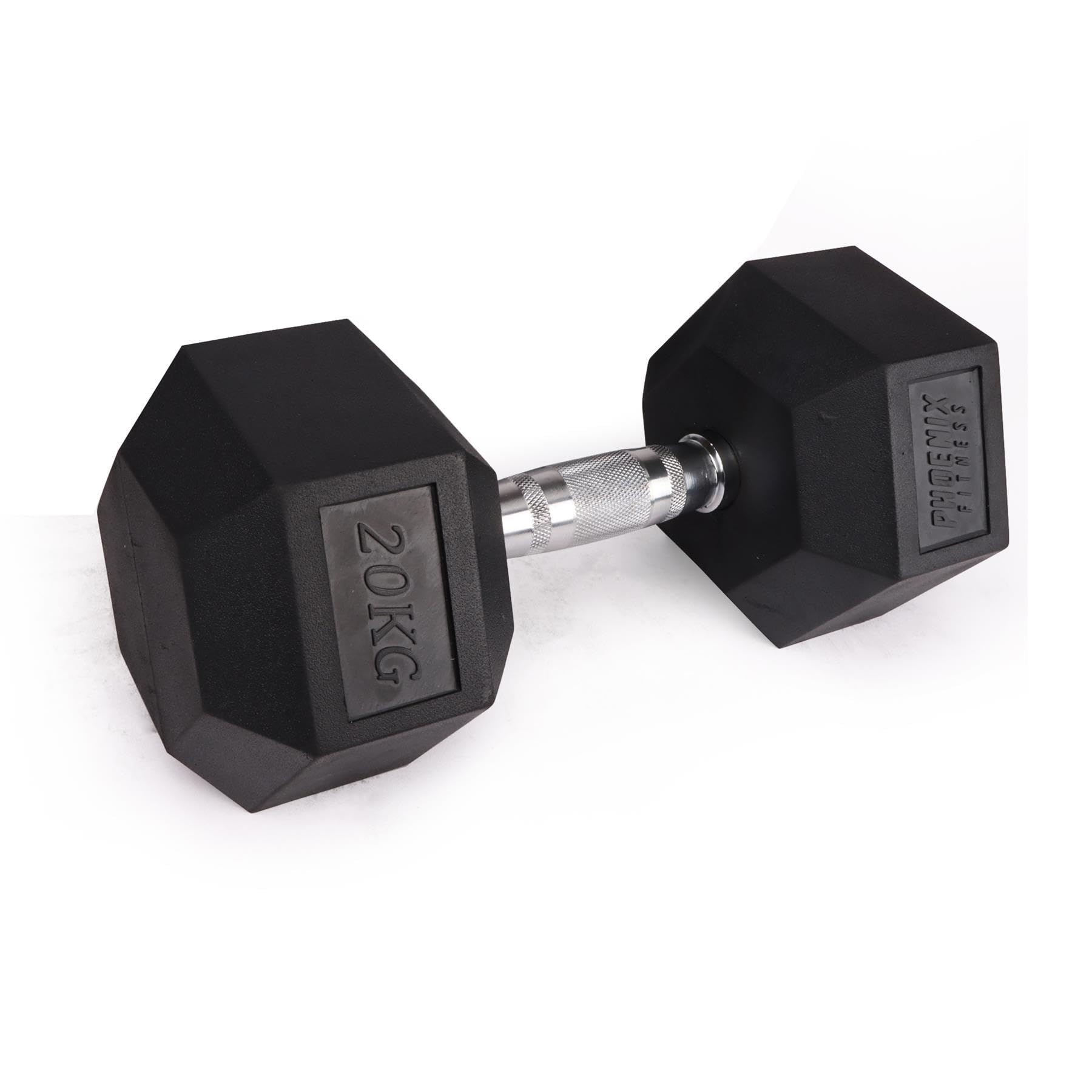 Phoenix Fitness Hex Dumbbell - Single Rubber & Cast Iron Hexagonal Dumbell Hand Weights for Men and Women at Home & Gym - Weight: 20kg