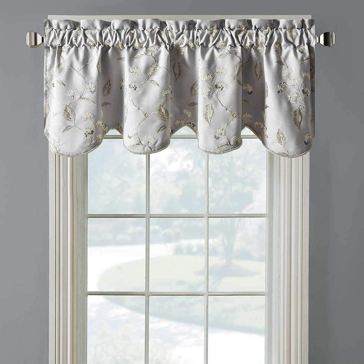 Royal Hotel Doris Window Valance, Scalloped Decorative Design Floral Embroidered Lined Valance Window Curtain, 52x17 inches, Gray