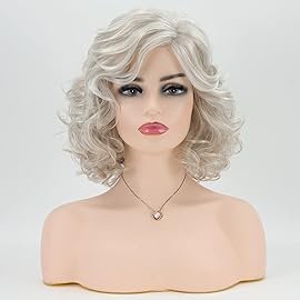 RENERSHOW Short Sliver Gray Curly Wigs for White Women Grey Mix Little Light Brown Wavy Bob Wig with Curtain Bangs Heat Synthetic Daily to Party Womens Wig