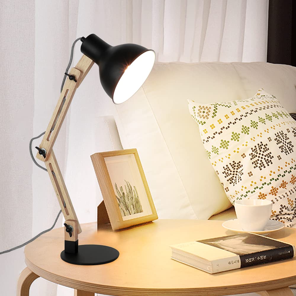 DLLT Wooden Swing Arm Led Desk Lamp, Wood Architect Table Lamp, Pixar