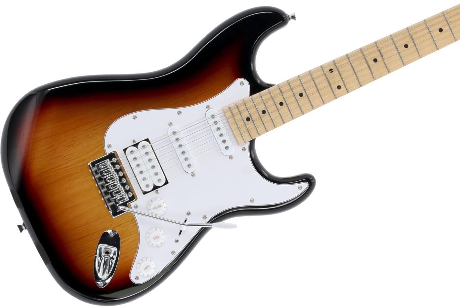 Woodbrass ST100 Sunburst - Chitarra elettrica multiuso ideale per principianti, corpo forma ST tiglio, stile rock, pop, funk, country, hard, metal