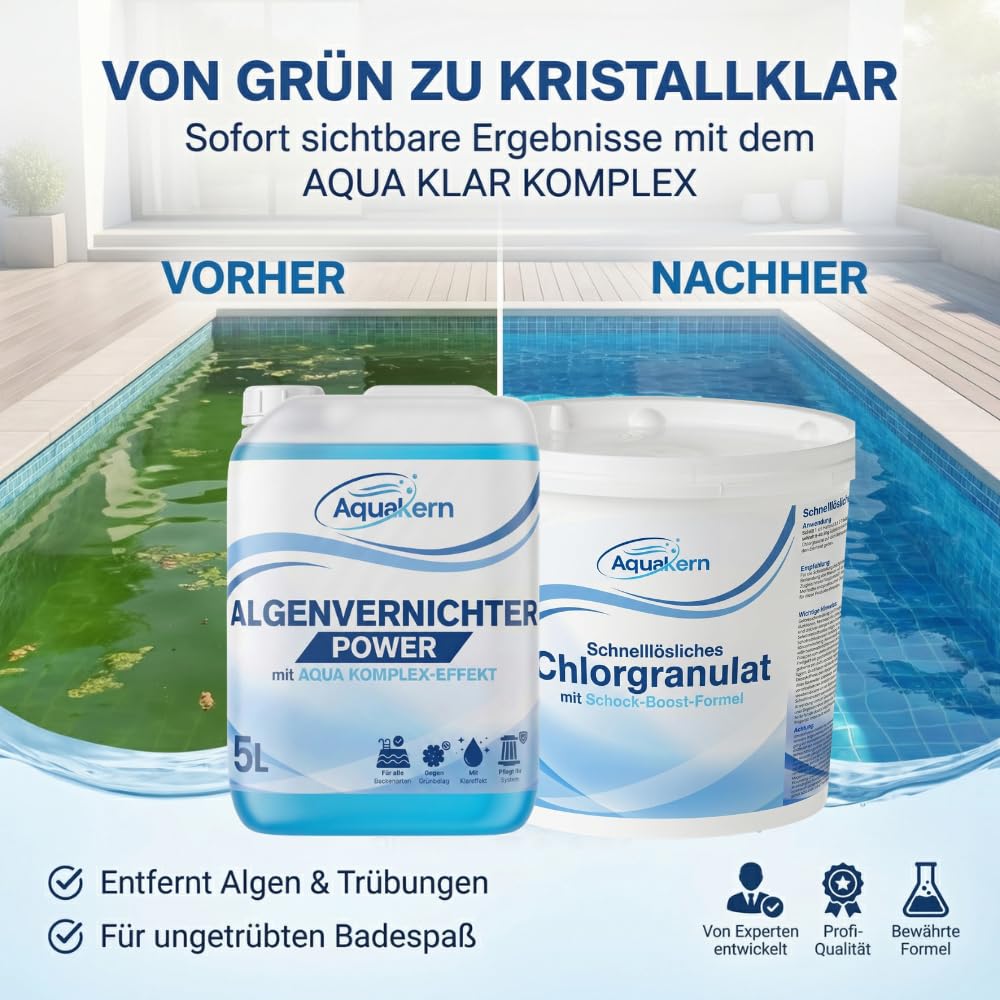 Schnelllösliches Chlorgranulat Pool 5KG & Algenvernichter Power 5L [GEGEN GRÜNES POOLWASSER] für Schockchlorung & Stoßchlorung | gegen Algenbefall im Pool | Algezid Flüssig | Made in Europe