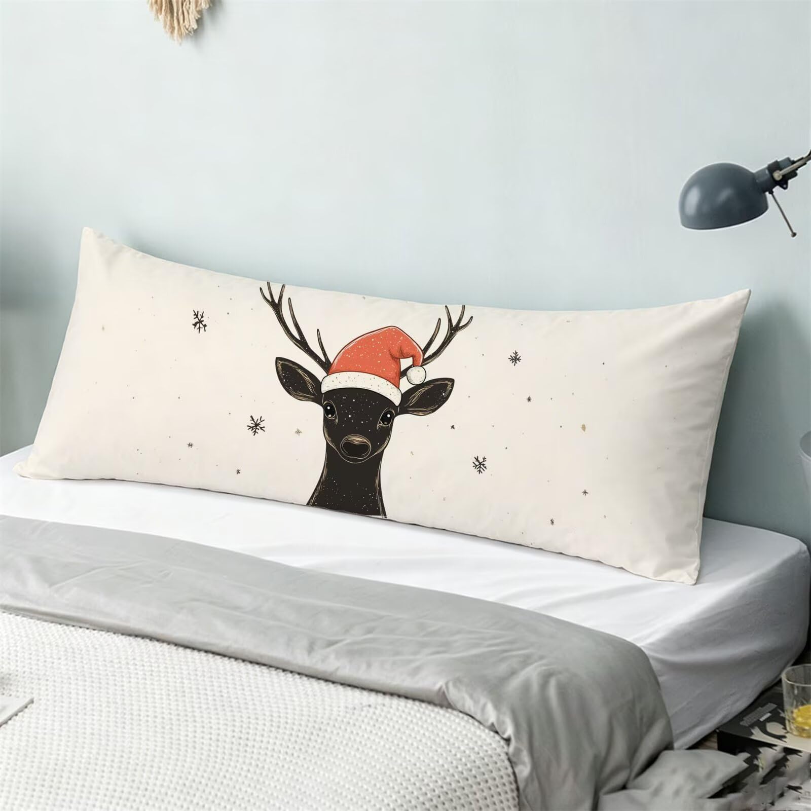 Funda de Almohada 60 x 180 cm Beige Protector Almohada 180 cm con Cremallera Invisible, Lino Durable y Transpirable Pillow Case Largas Ciervo Impresión a Doble Cara para Cama, Sofá y Dormitorio dg-308