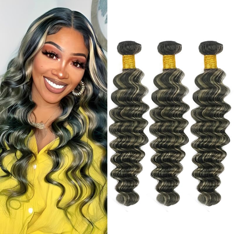 Deep Wave Bundles Human Hair 18 20 22Inch Blonde Highlight Bundles Brazilian Virgin Hair Weave 3Bundles Hair Deal（Black and Blonde #P1B/27）