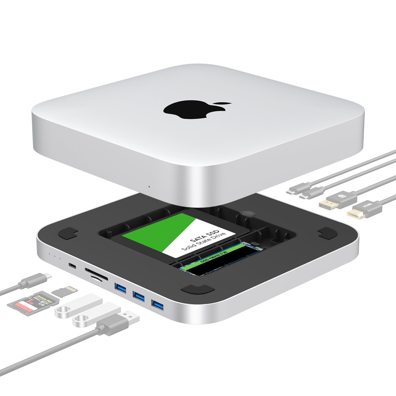 USB C Hub with Dual SSD Enclosure (Fits 2.5" SATA HDD, NVMe M.2 SSD, 4K HDMI & DisplayPort, USB A/C Port, TF/SD Card Reader), Mac Mini Dock - Hub for Mac Mini M1/ M2/M2 Pro and Mac Studio