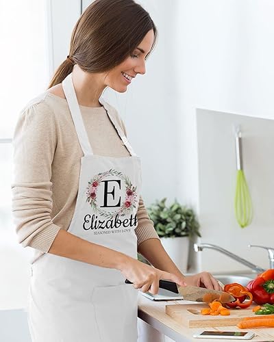 Miniatura 2 de Delantales personalizados para mujer, diseño de letra inicial floral, delantal personalizado, delantal de chef ajustable con 2 bolsillos