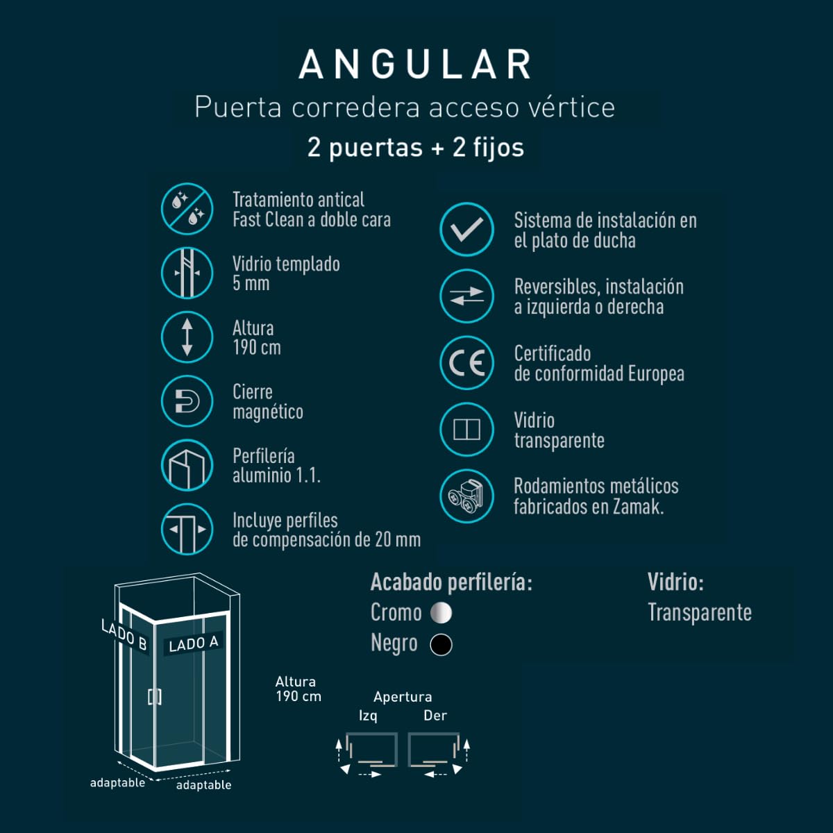 Mampara Ducha Rectangular Angular Corredera 2 Puertas 2 Fijos | Cristal 5mm Antical | Perfil Negro 80cm (Adaptable 78-80cm) X 70cm