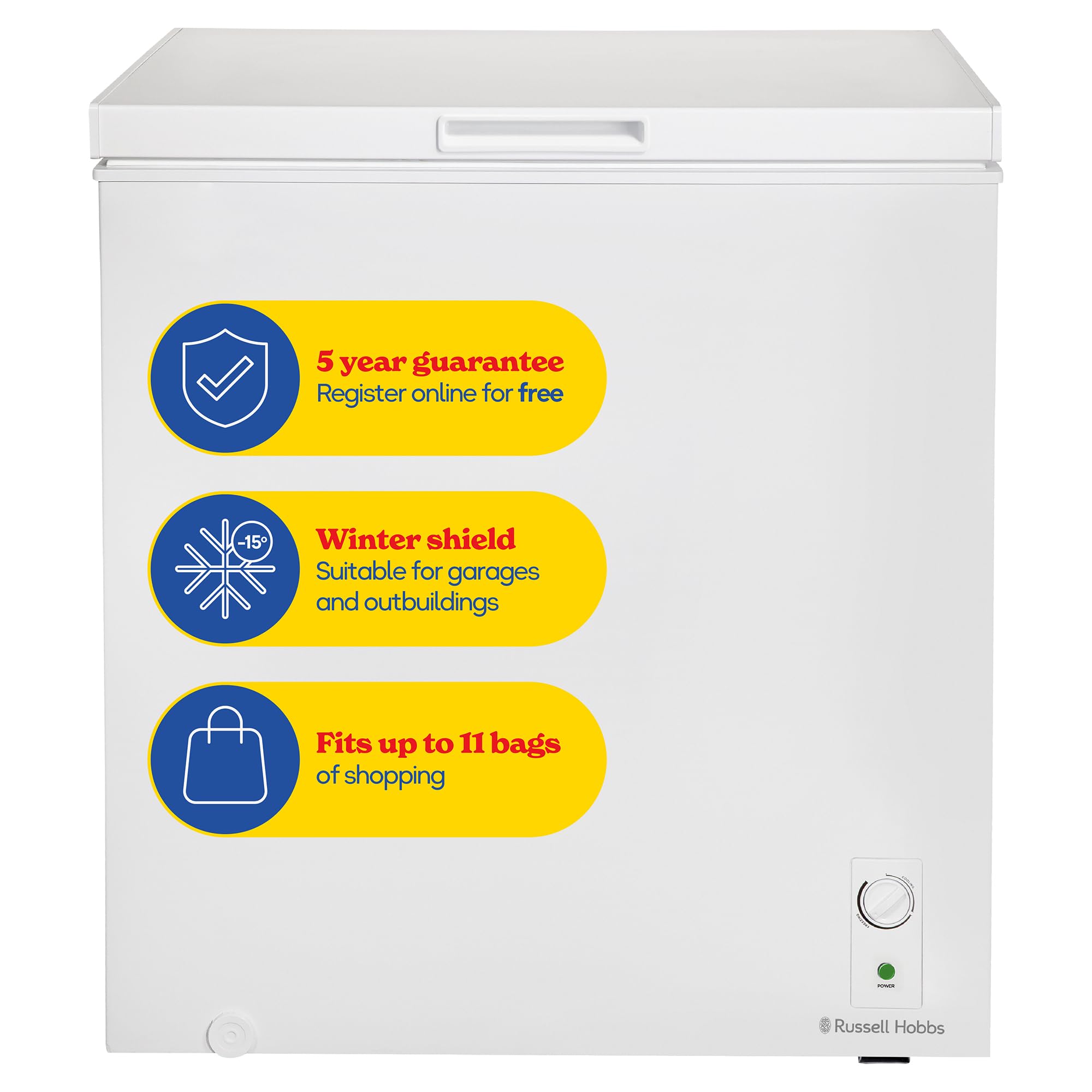 Russell Hobbs White Chest Freezer 198L Freestanding with 5 Year Warranty, Adjustable Thermostat, Chill or Freeze Function, 4 Star Freezer Rating & Suitable for Outbuildings & Garages RH198CF0E1W - 1