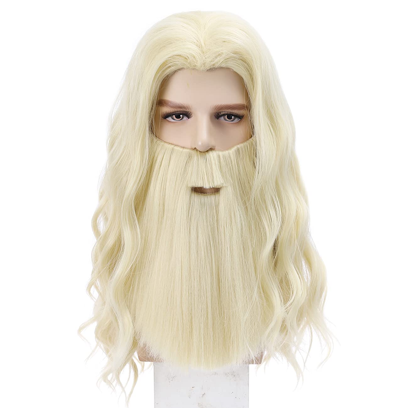 DUDUWIG Mens Light Blonde Wig and Mustache Long Curly Blonde Mustache Wigs Halloween Costume Wig (Light Blonde)