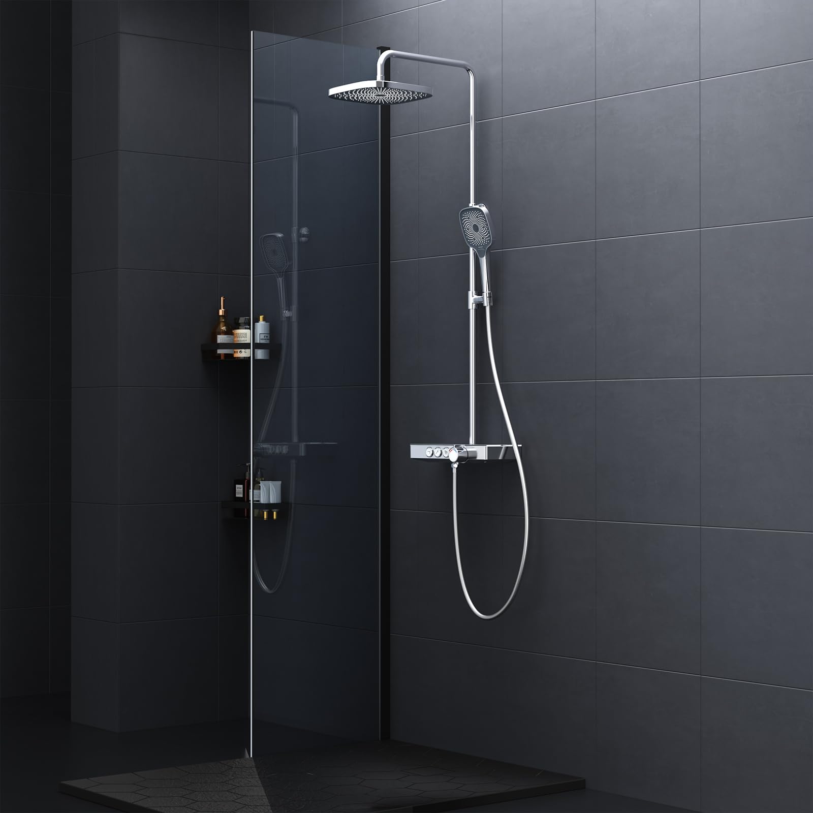 Rainsworth columna da ducha termostatica con repisa de cristal Cromo, ducha de techo de 26*26 cm, caño en cascada oculto, Alcachofa Ducha Lluvia y 3 Tipos Duchas de Baño, 920mm-1260mm barra de ducha | Rainsworth Juego completo de ducha con ducha de mano c