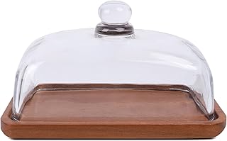 Glass Butter Dish with Wood Lid, Clear Domed Cheese Dish with Handle, Rectangle Butter Keeper Saver with Cover, Serving Large Butter Tray for Table, Countertop,