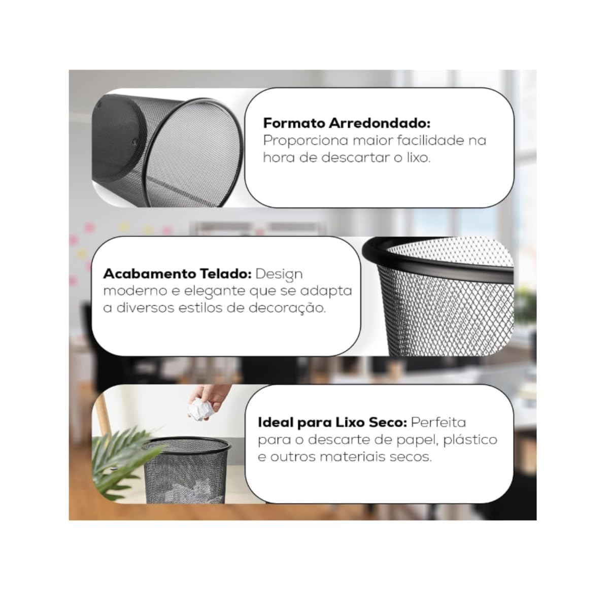Lixeira de Metal 10L Aramado Telado e Resistente Ideal Para Escritório Cor Preto