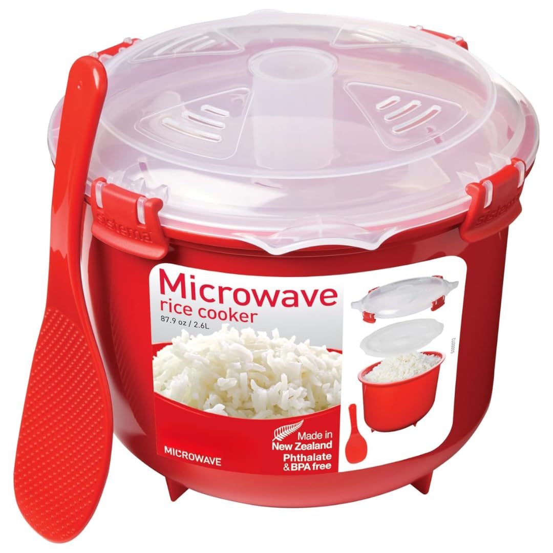 Microwave Rice Cooker 2.6L BPA-Free – Dishwasher, Freezer & Microwave Safe Steam Cooker – Easy Rice, Polenta & Couscous Cooking – Red Cool-Touch Handles with Easy-Lock Clips