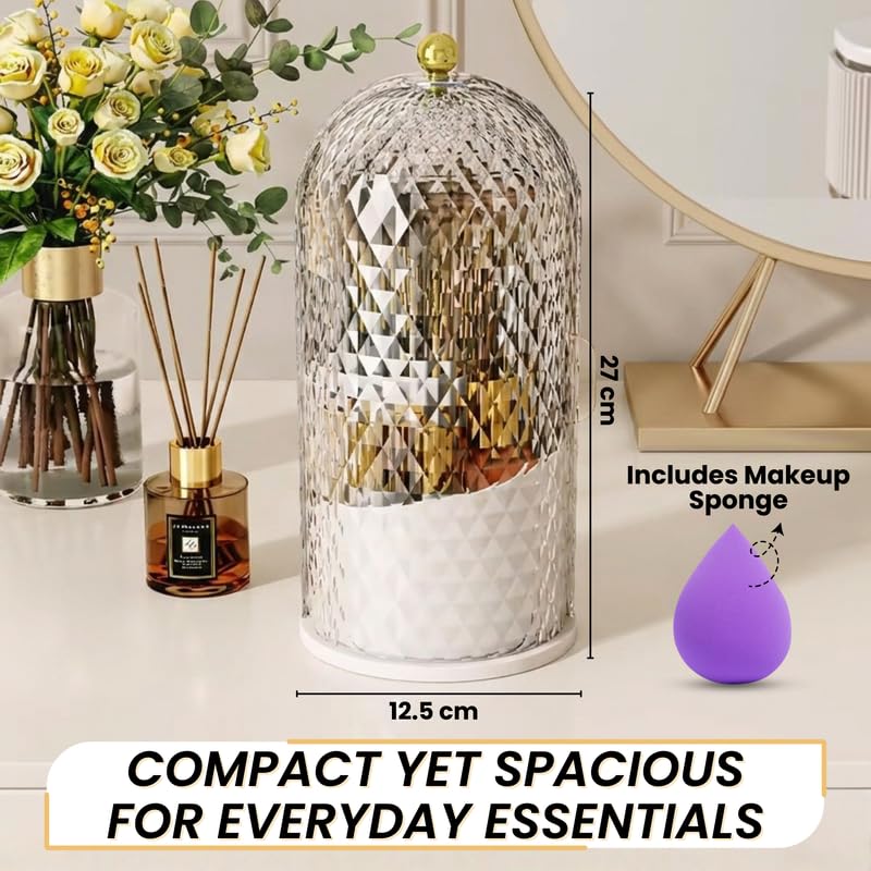 Image of OCEANEVO Cosmetic Makeup Brush Holder with Makeup Sponge, Dustproof Makeup Brush Organiser Stand with 360 Rotatable Lid - 12.5 x 27 Cm - White - Diamond Pattern - 1 Year Warranty