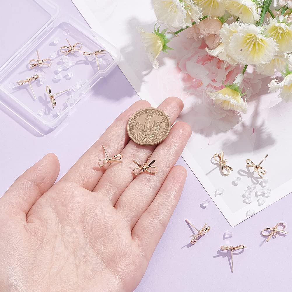 BENECREAT 12Pcs Real 18K Gold Plated Stud Earring Findings, Bow Tie Brass Earrings Stud with Horizontal Loops and 30Pcs Ear Nuts for Earring Making, Mother's Day, Wedding Gift DIY - Image 3