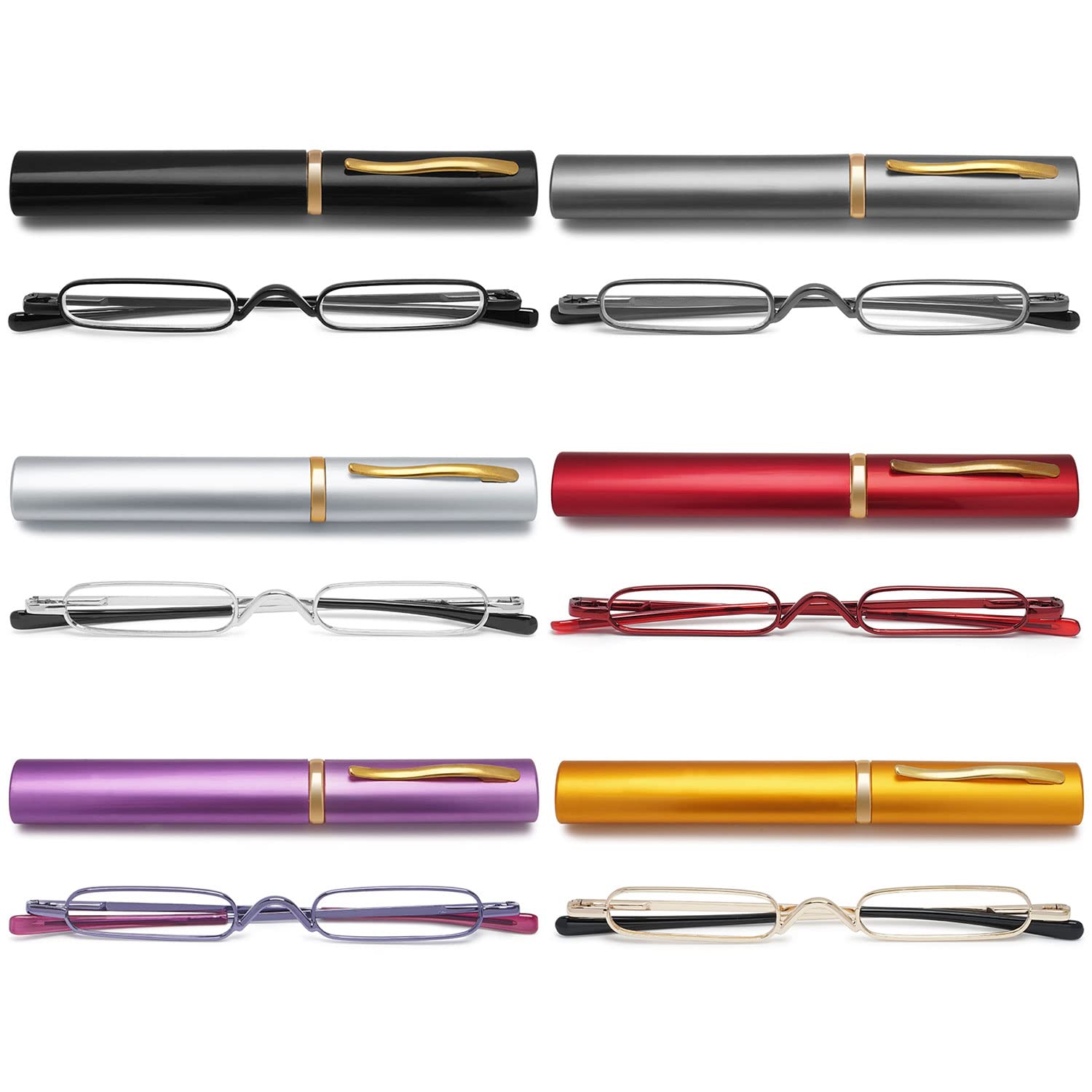 VEVESMUNDO® Okulary do czytania dla kobiet i mężczyzn, zawias sprężynowy, metalowe, małe, lekkie, pomoc w czytaniu, pomoc w widzeniu, przezroczyste okulary z etui, Zestaw 6 par okularów do czytania,