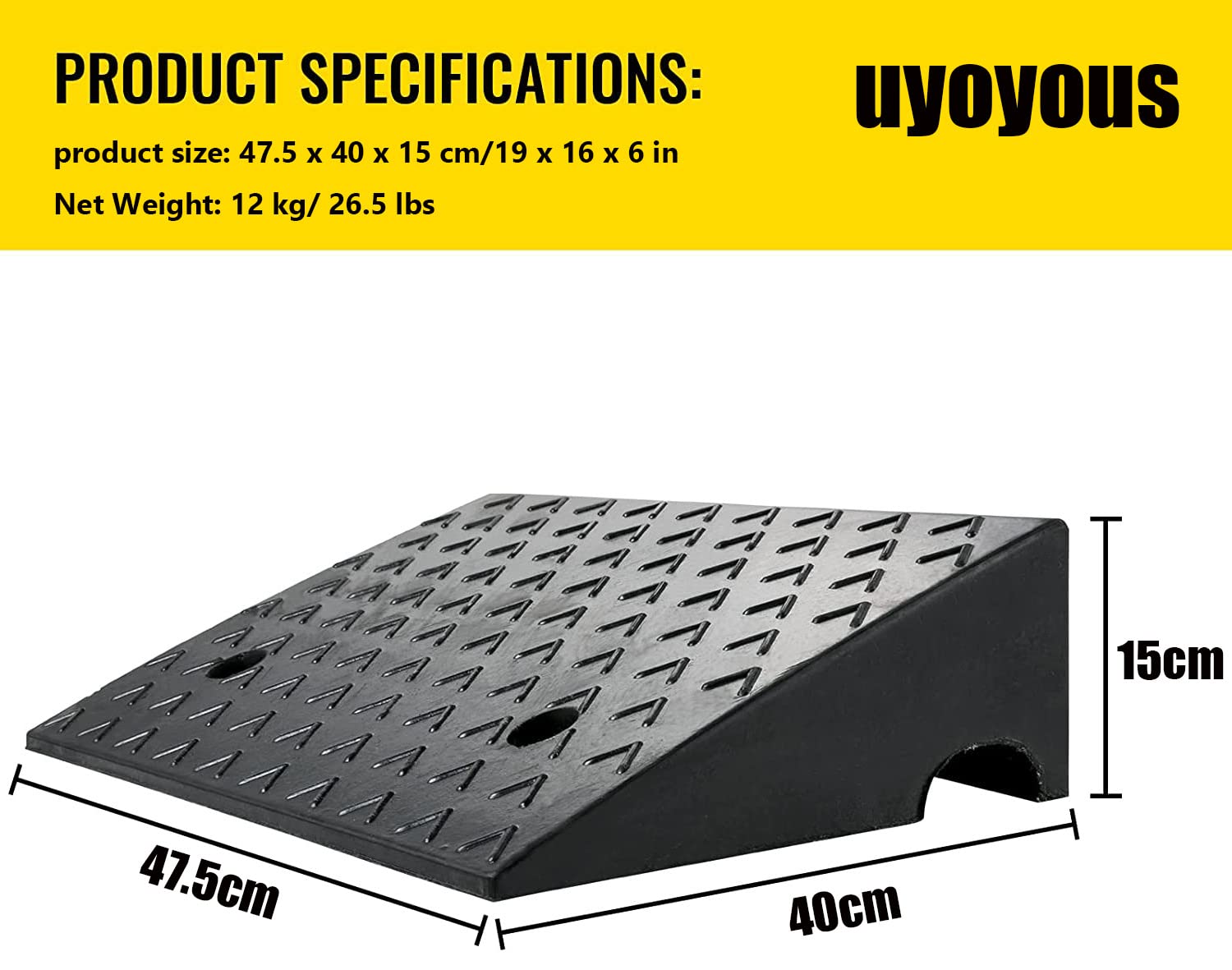uyoyous Bordsteinrampe Gummi 47.5x40x15cm, Vollgummi Auffahrrampe Schwellenrampe Gummirampe Bordsteinkanten Rampe für Auto, Rollstuhl, Wohnmobil