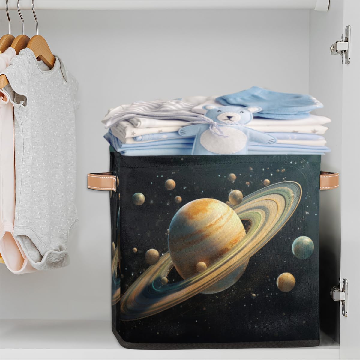 cfpolar Universe Planet Saturn Foldable Storage Bin 13x13x13 In, Collapsible Fabric Storage Basket, Cube Storage Toy Organizer Bins with Dual Handles for Home Office Nursery Closet Cabinet