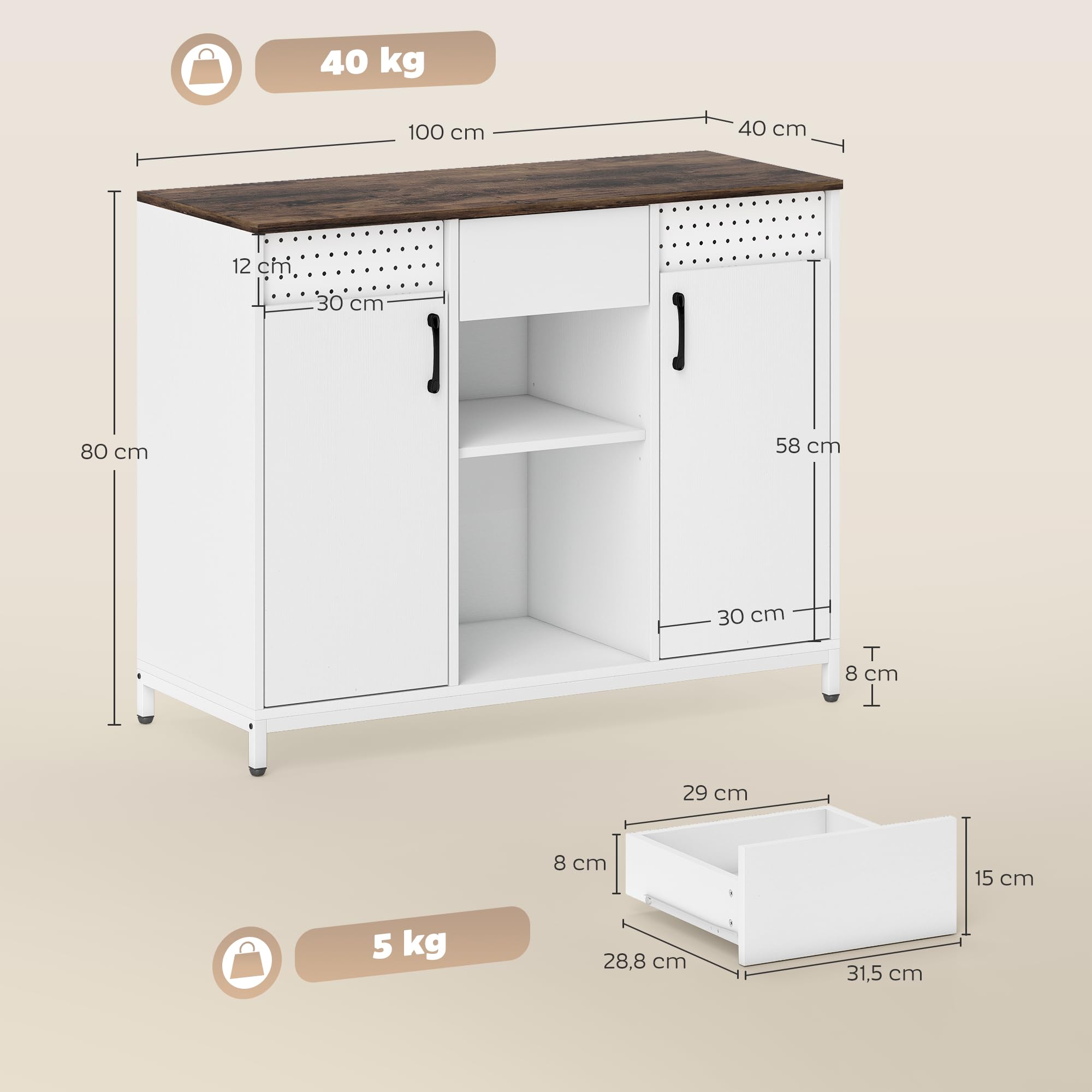 HOMCOM Aparador de 2 Puertas con Tablero Colgante 100x40x80 cm Blanco | Aparador para Salón, Cajón, Compartimentos Abiertos, Estantes Ajustables, para Cocina, Entrada, Oficina