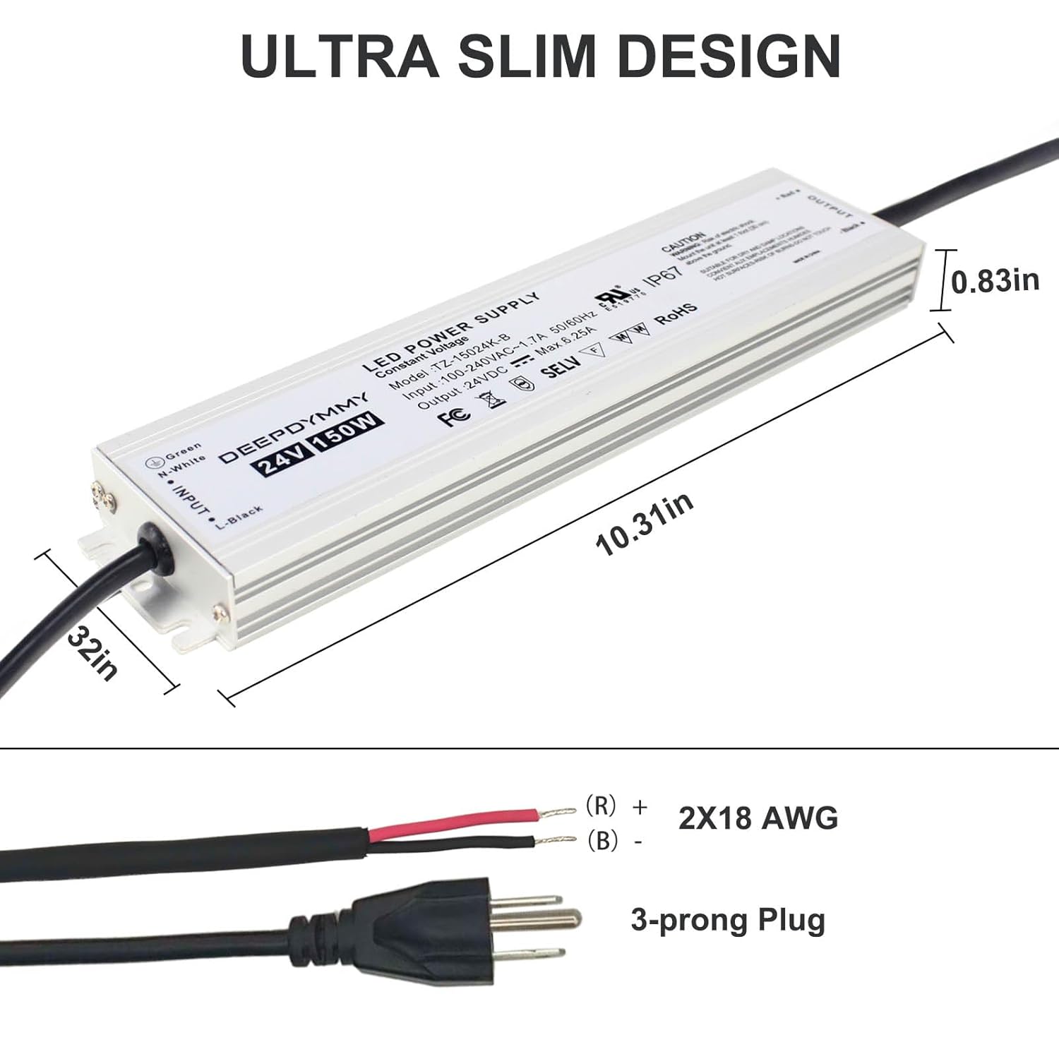 24V DC Power Supply 150W - Ultra Slim LED Driver Low Voltage Transformer with 3-Prong Plug & 3.3ft Cable, IP67 Waterproof for LED Strip Lights, Outdoor Lighting