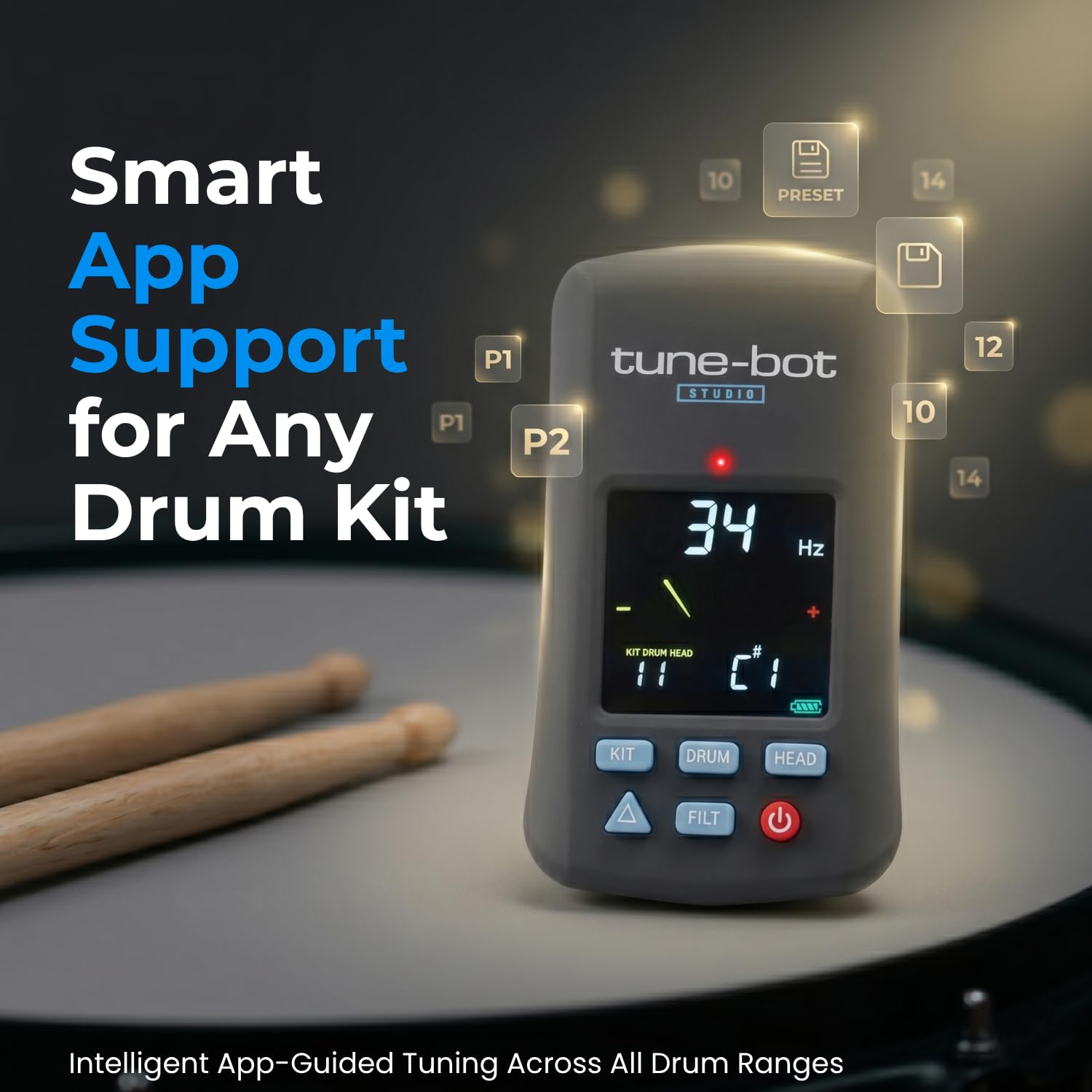 Tune-Bot Studio TBS-001 - Paquete de afinador de batería con funda de transporte rígida, dispositivo de afinación digital de batería, kit de afinación de tono para batería acústica, accesorios