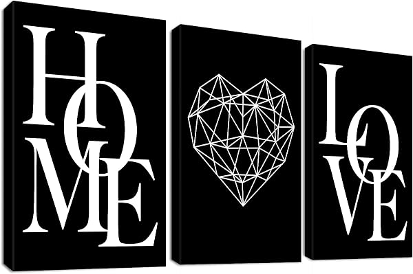 3 Panels Black White Canvas Wall Art Love Home Motivational Quotes Painting on Canvas Print Picture for Living Room Hallway Stairs Bedroom Bathroom Wall Decor Ready To Hang 90x40cm(12"x16"x3pcs) - 1