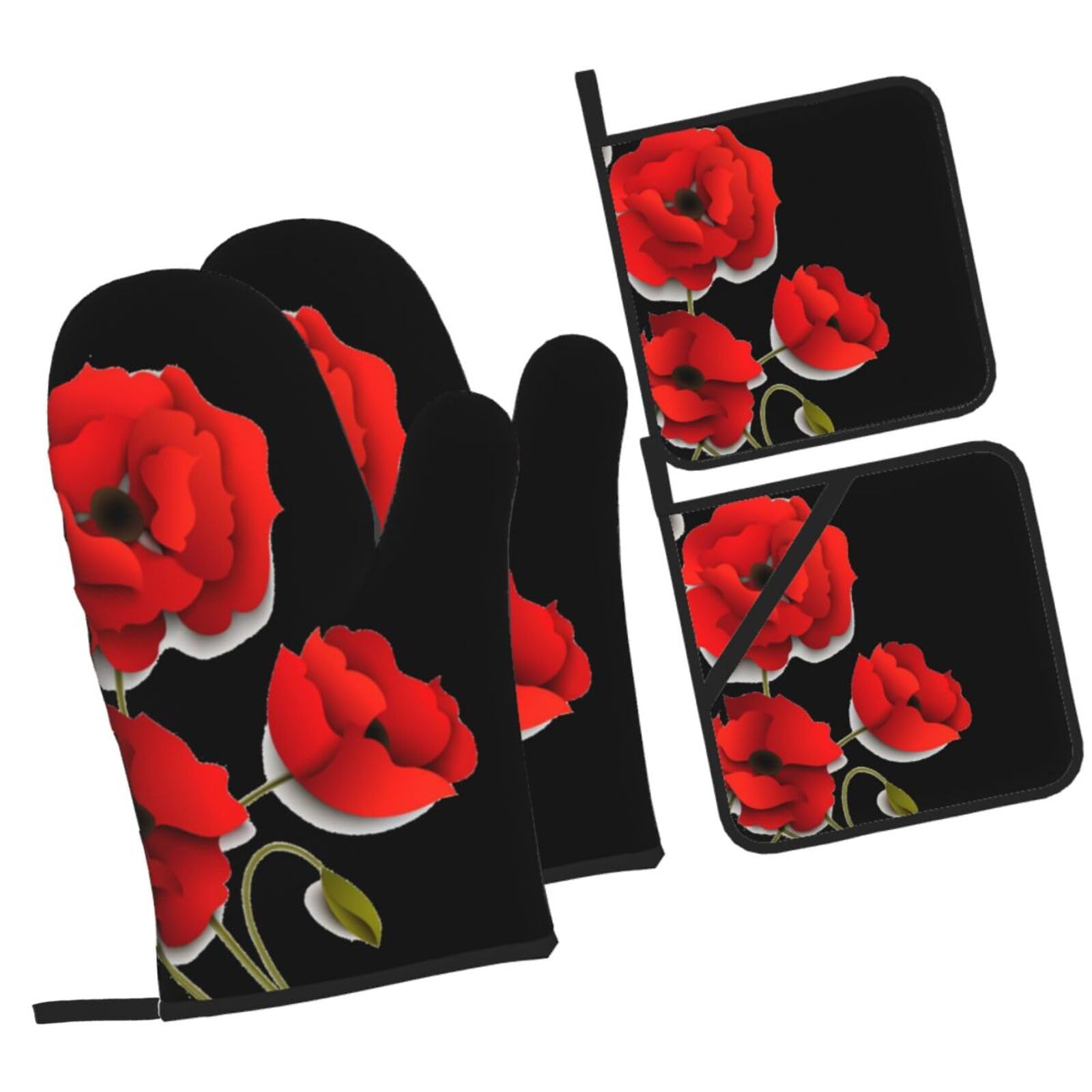 Poppy Flowers Vivid Petals Printed Oven Mitts and Pot Holders Heat Resistant Set of 4 Pcs, Modern Kitchen Gloves & Potholders for Cooking Baking Grilling