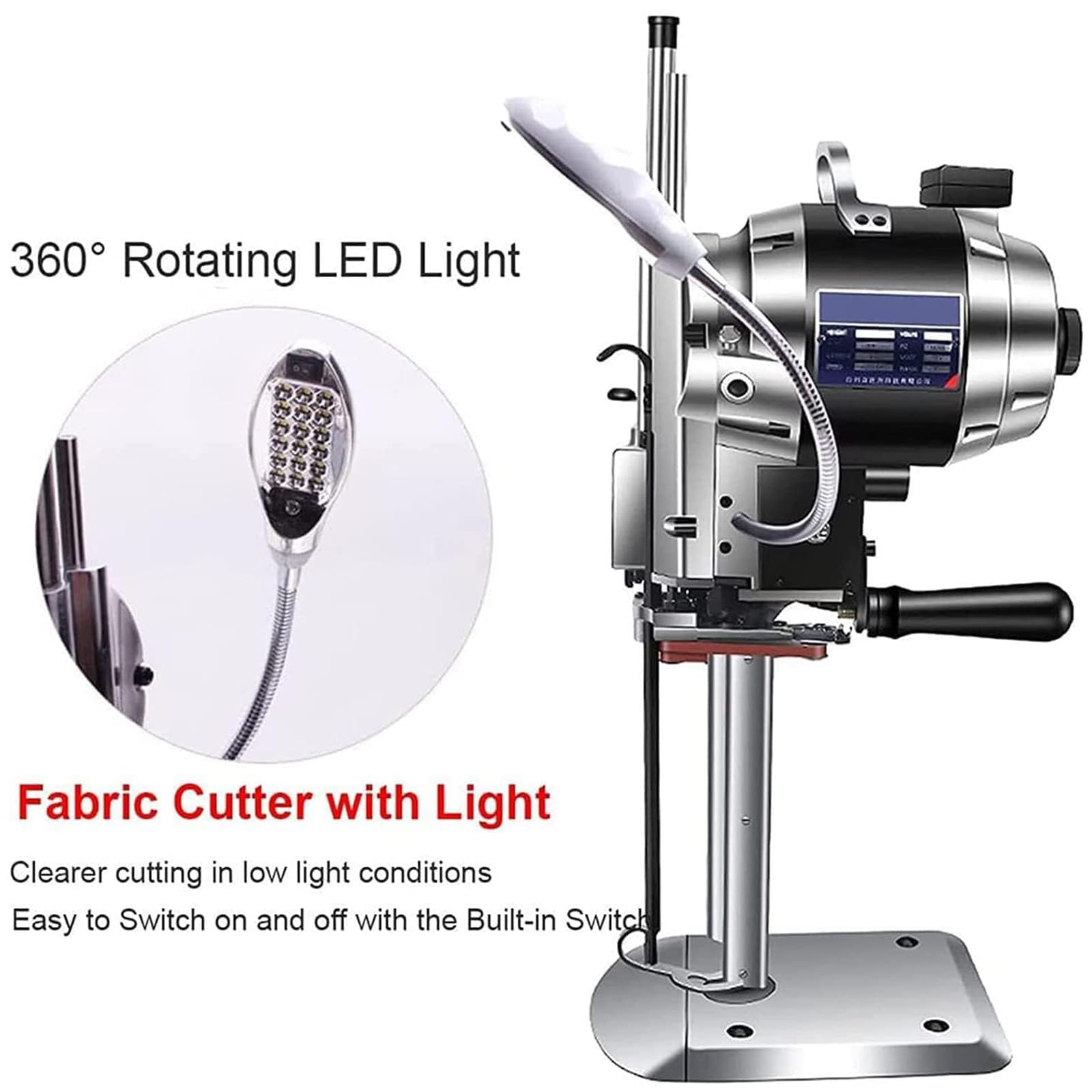 Cortadora eléctrica de Tela, cortadora Industrial de Cuchilla Recta de 1100 W con Afilado automático y luz LED para Textiles, Cuero y Papel.