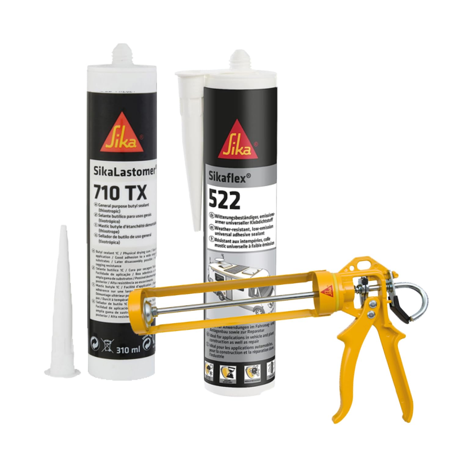 SIKA - Colle-mastic pour jointoiement de caravanes & camping-cars - Blanc - 300ml + Mastic butyle démontable pour carrosserie, camping-car et caravanes -Blanc - 310ml + Pistolet d'application