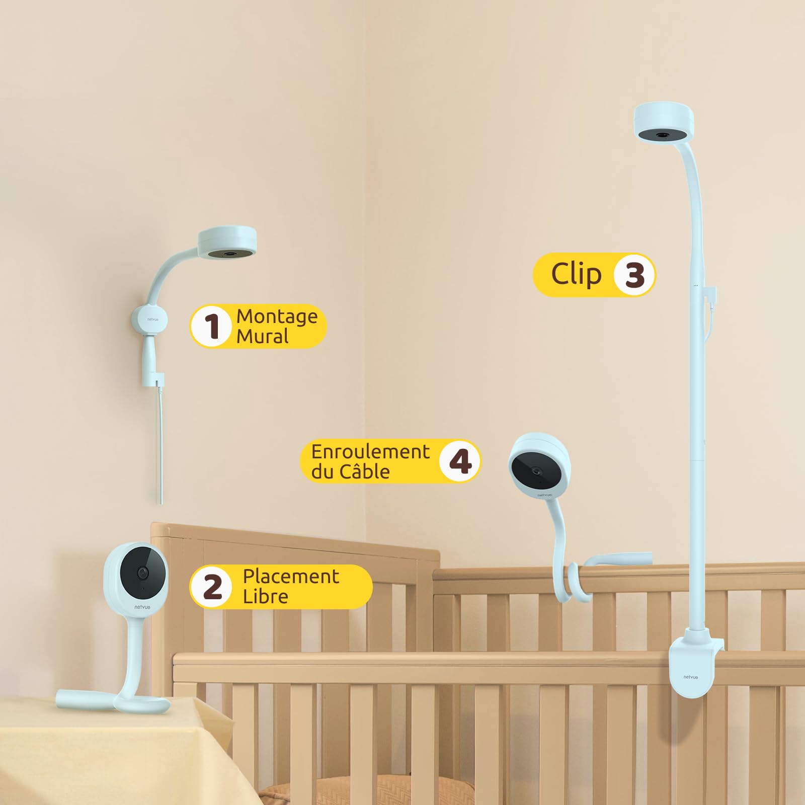 NETVUE Azul 1080P Camara Vigilancia Bebe con Soporte 4 en 1, Vigilabebes Camara con App Gratuita, Audio Bidireccional, Detección de Movimiento, Visión Nocturna, Canción de Cuna