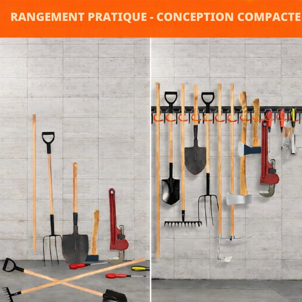 TVKB Organisateur d'outils de jardin entièrement en métal de 172,7 cm - Réglable - Support mural - Avec crochets - Cintres à outils pour garage