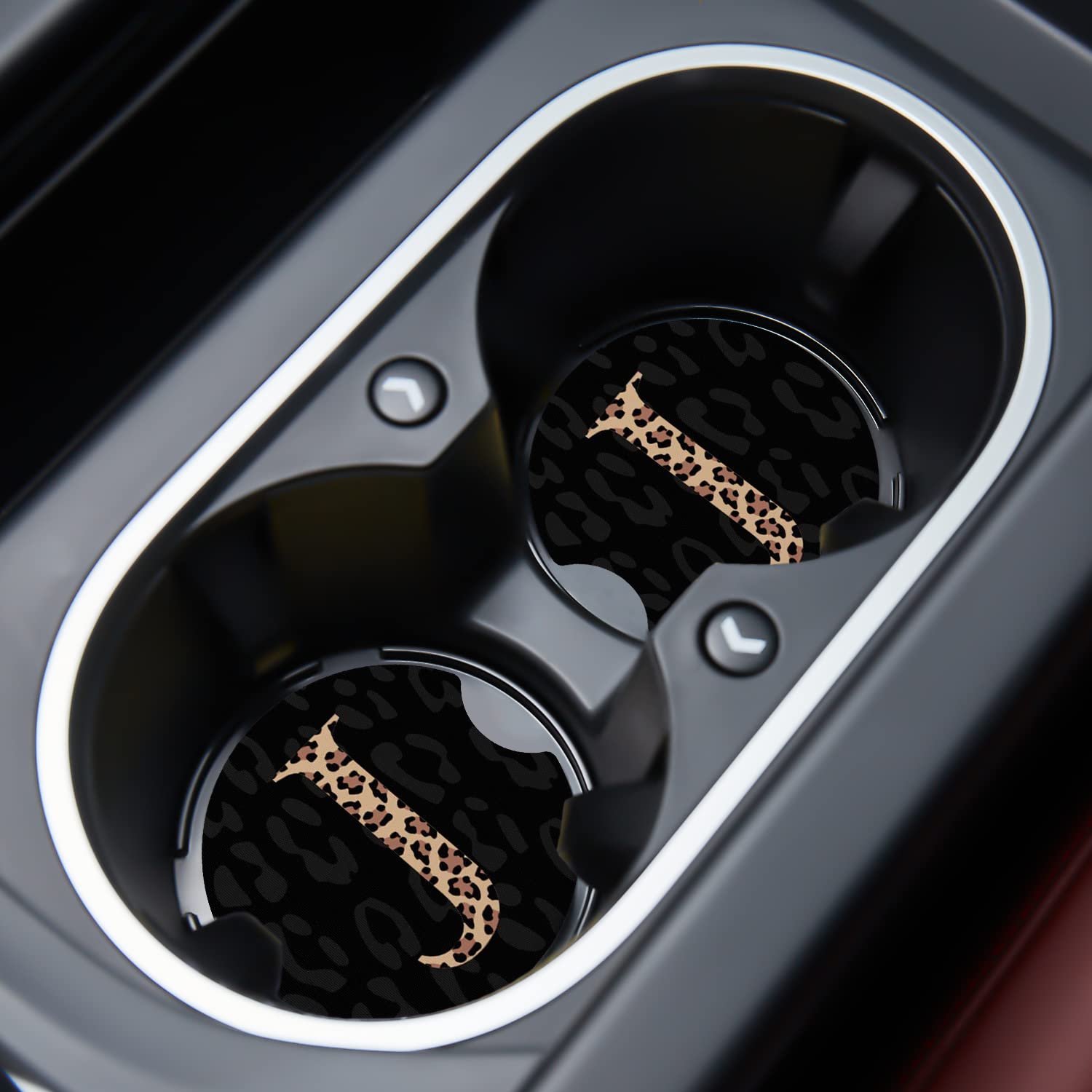 Car Cupholder Coaster Absorbent 2 Pack Cute Funny Trendy Leopard J Letter Initial Design Rubber New Automotive Cup Holder Decal Decor Accessories for Women Men Gift DZ223 - Leopard J