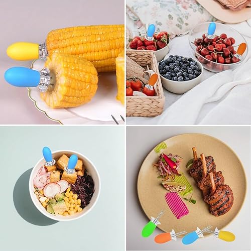 Miniatura 5 de PEOUWNES - 16 unidades8 pares de soportes para maíz, de acero inoxidable, brochetas de mazorca de maíz en la mazorca, brochetas de doble tenedor