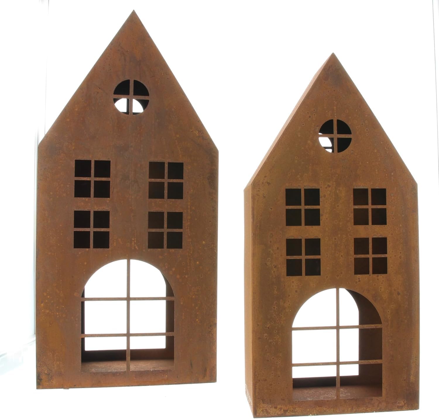2X Windlicht Haus aus Metall mit Echt Rost Finish, Kerzenhalter 45 + 55 cm hoch, Dekohaus, Garten-Deko für Draußen