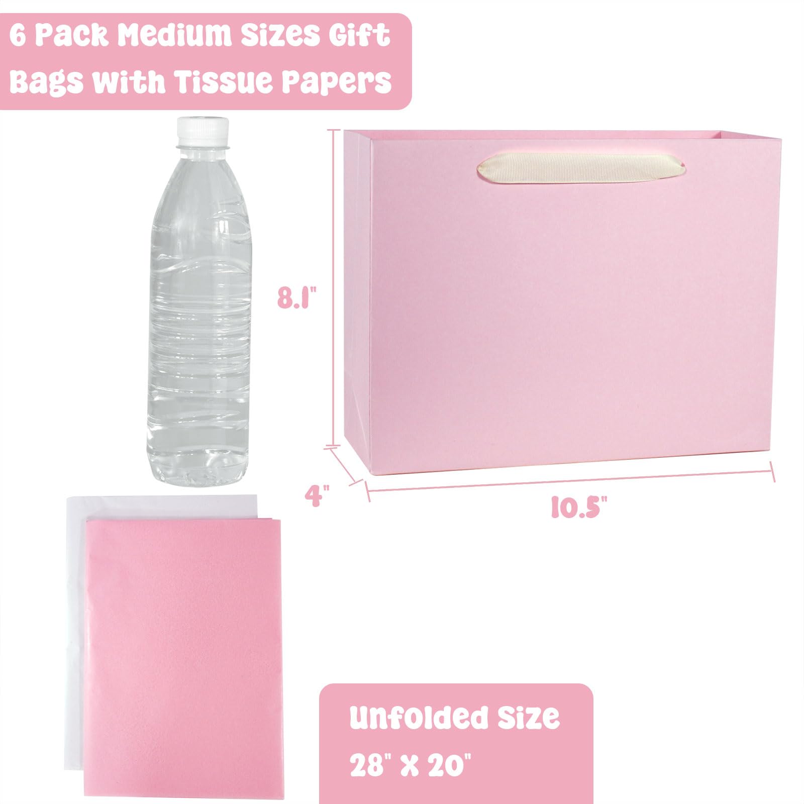 Padiaet 6 Pack Medium 10.5"x4"x8.1" Pink Gift Bags with Tissue Papers, Kraft Shopping Bags with Ribbon Handles, Retail Wrapping Set for All Occasions