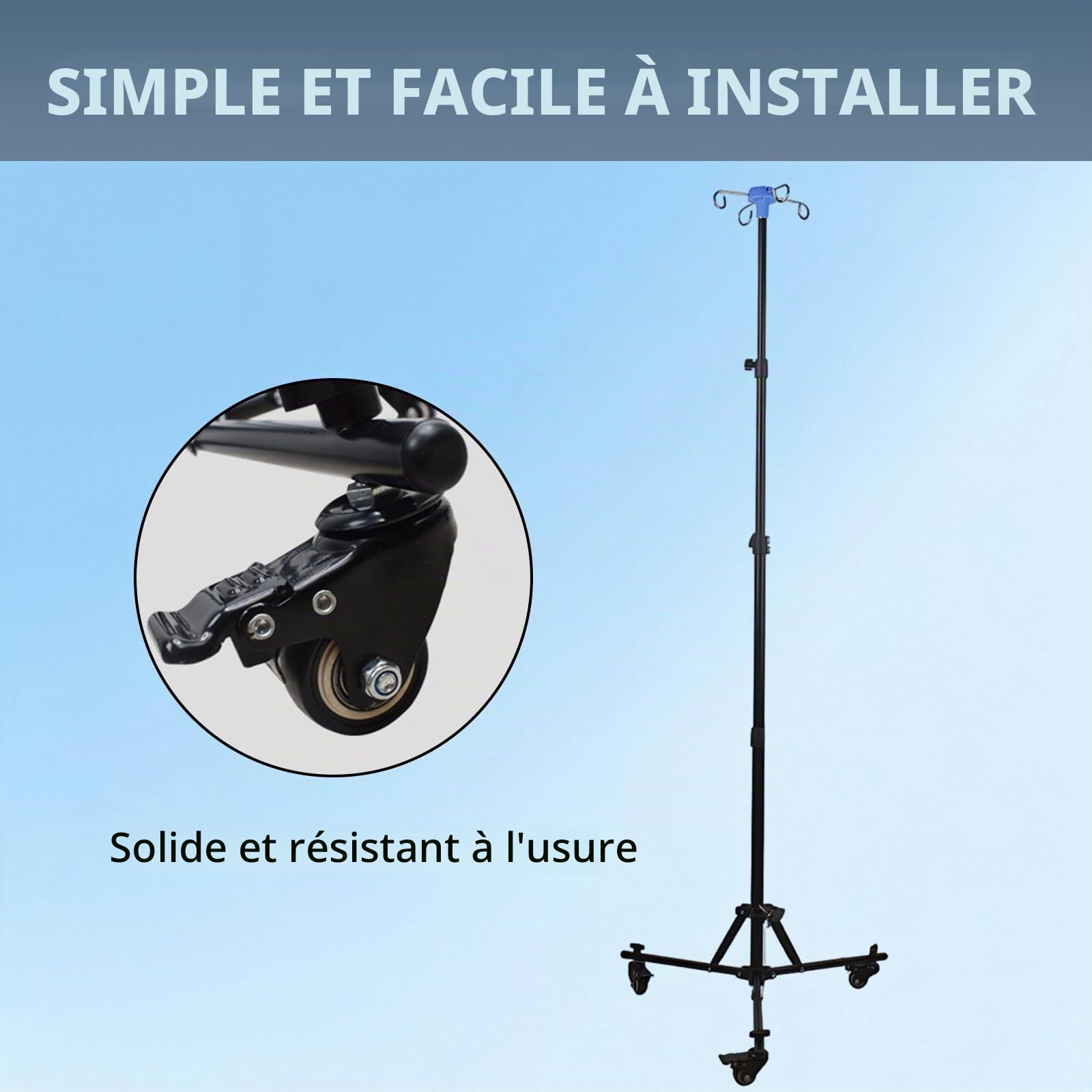 Support de Perche Intraveineuse Pliable, Support D'infusion IV Télescopique, Hauteur Réglable 90 cm à 190 cm, Poteau IV avec 4 Crochets et Trépied Stable, pour Hôpital et Soins à Domicile (avec roues)