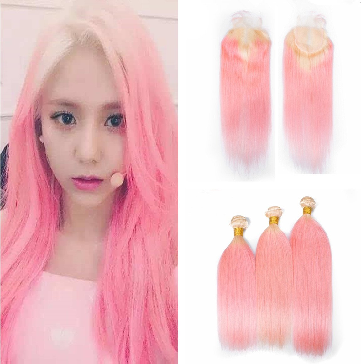 Amazon.com : Ruma Hair #613/Pink Dark Roots Ombre Human Hair Extensions  With 4x4 Lace Closure 4Pcs Lot Two Tone Blonde and Pink Ombre Virgin Hair  Silky Straight 3 Bundles With Top Closure (