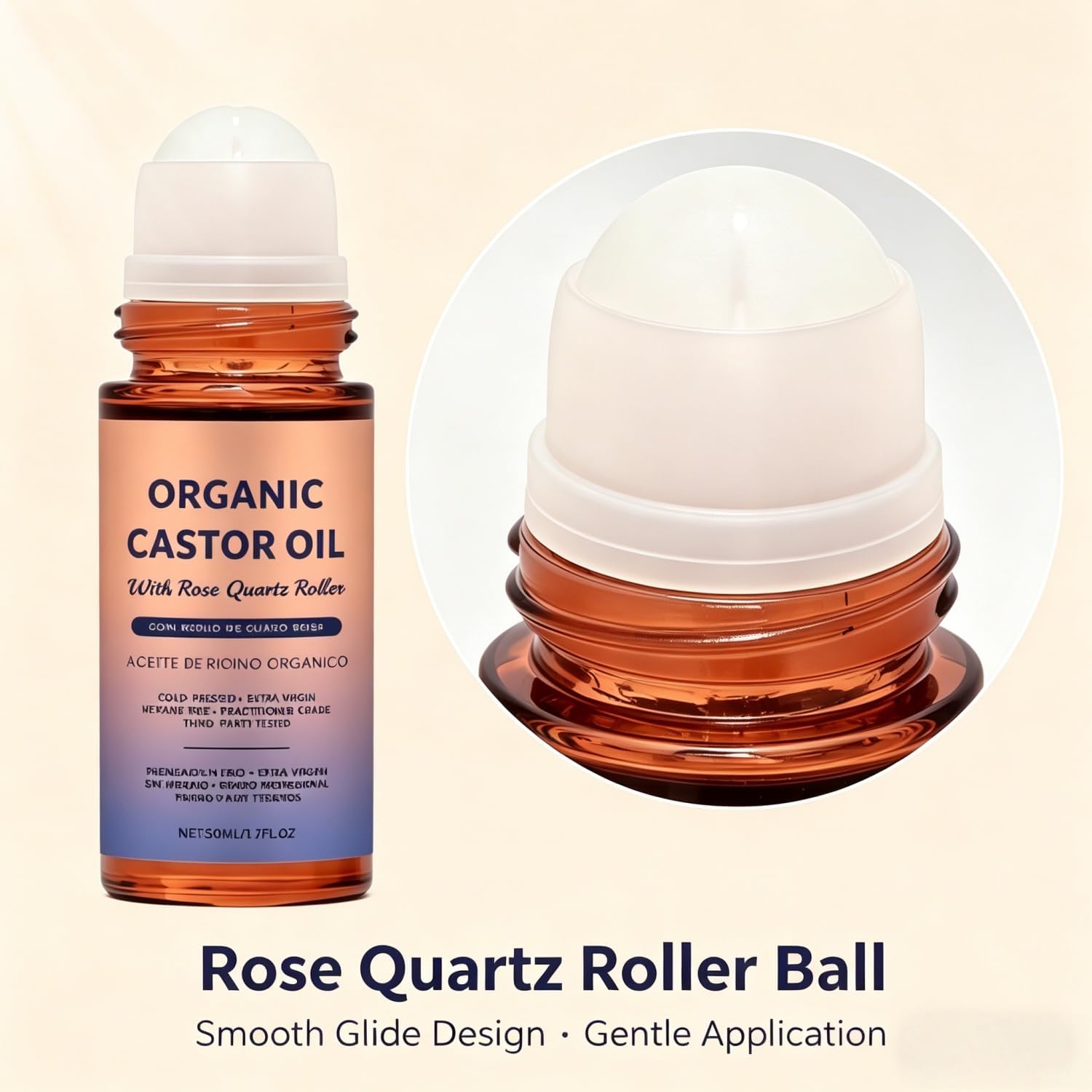 Organic Castor Oil with Rose Quartz Roller, Pure Organic Cold-Pressed Castor Essential Oil Roller Ball,Deep Hydration & Smoothing, Suitable for All Skin Types (1) — view 6