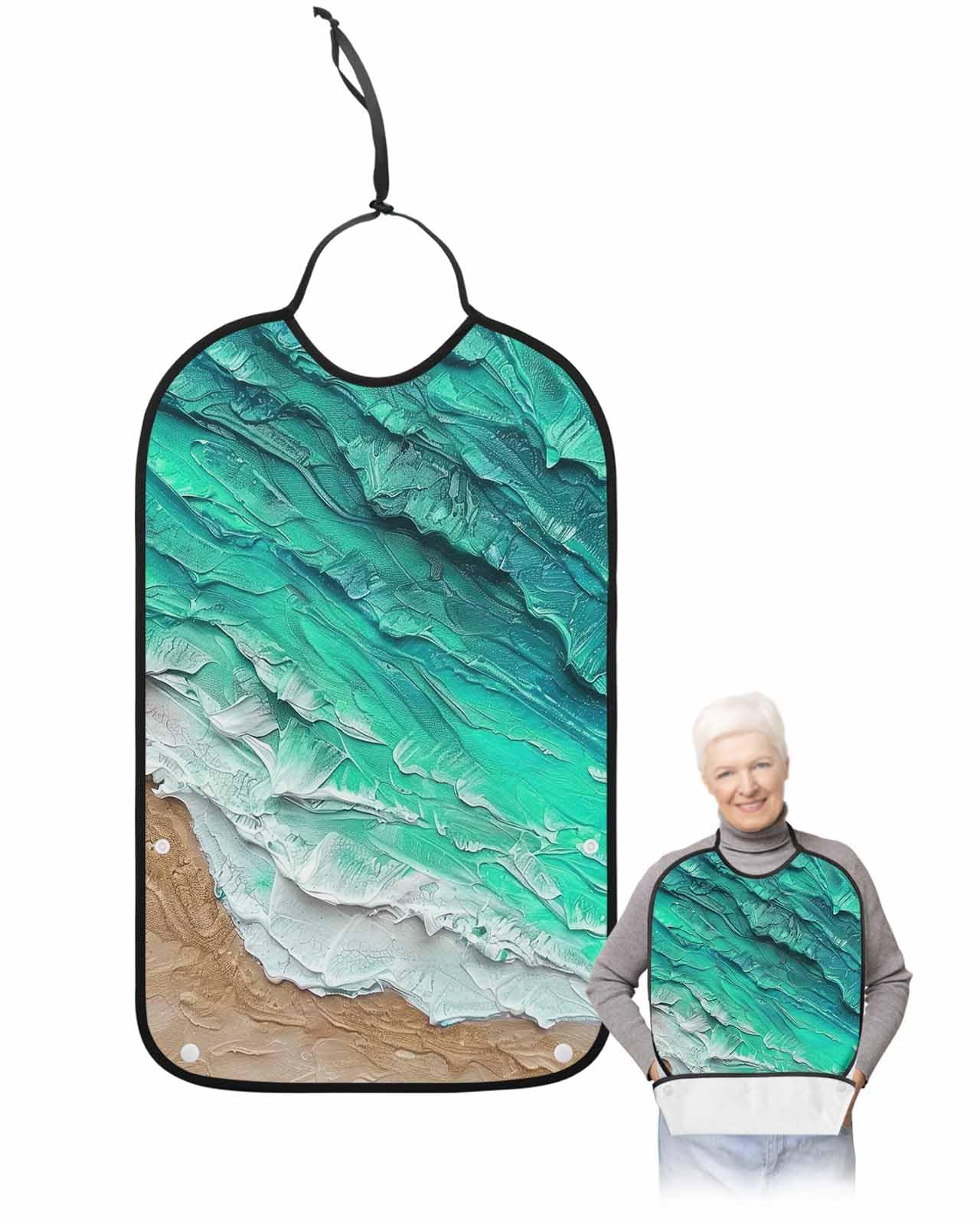 LEOKOTI Turquoise Coastal Beach Adult Bibs for Eating, Waterproof Bibs with Food Catcher & Adjustable Snap Closure, Summer Nautical Oil Painting Washable Clothing Protectors Adult Bibs for Elderly
