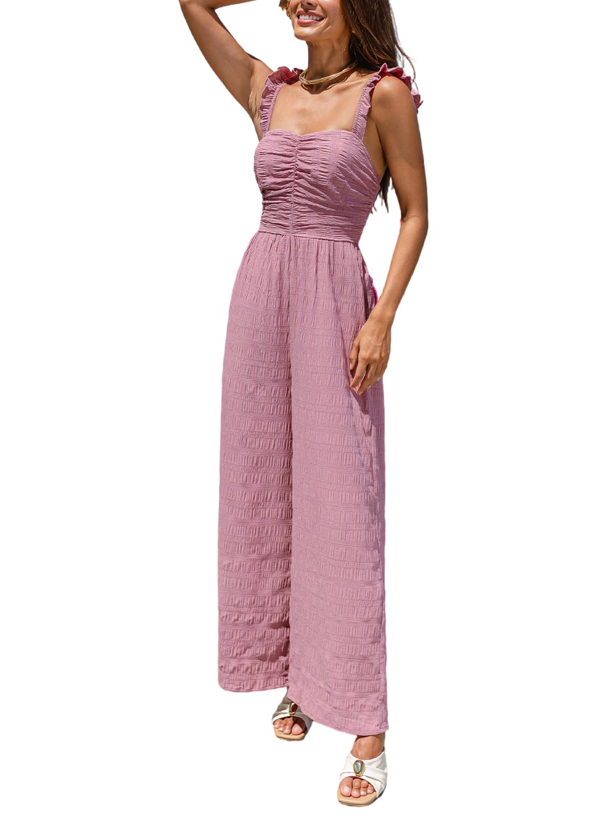 CUPSHE Mono de verano para mujer, sin mangas, con volantes, pierna ancha, parte superior ahuecada, textura arrugada, suelto, playa, vacaciones, playsuit
