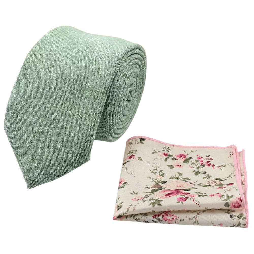 DB Dickie Bow Men's Luxury Cotton Blend Skinny Neck Tie & Pocket Square Set (Sage Green and Cream Floral) - - suitable for formalwear, office, weddings, parties, grooms & groomsmen outfits