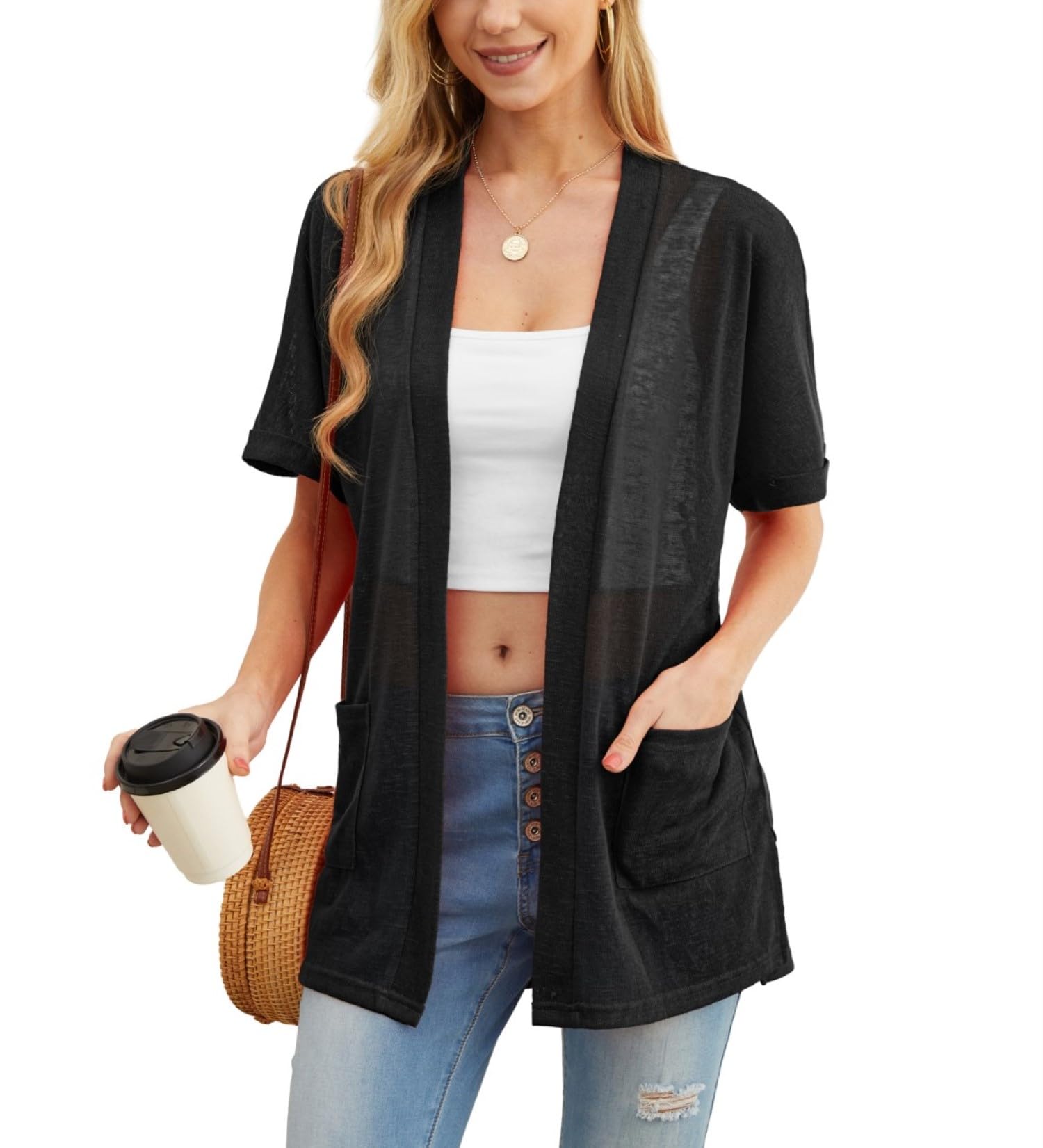 PrinStory Strickjacken Für Damen Leicht Kurzärm Sommer-Strickjacke Mit Tasche Lässig Vorne Offen V-Ausschnitt Oberbekleidung