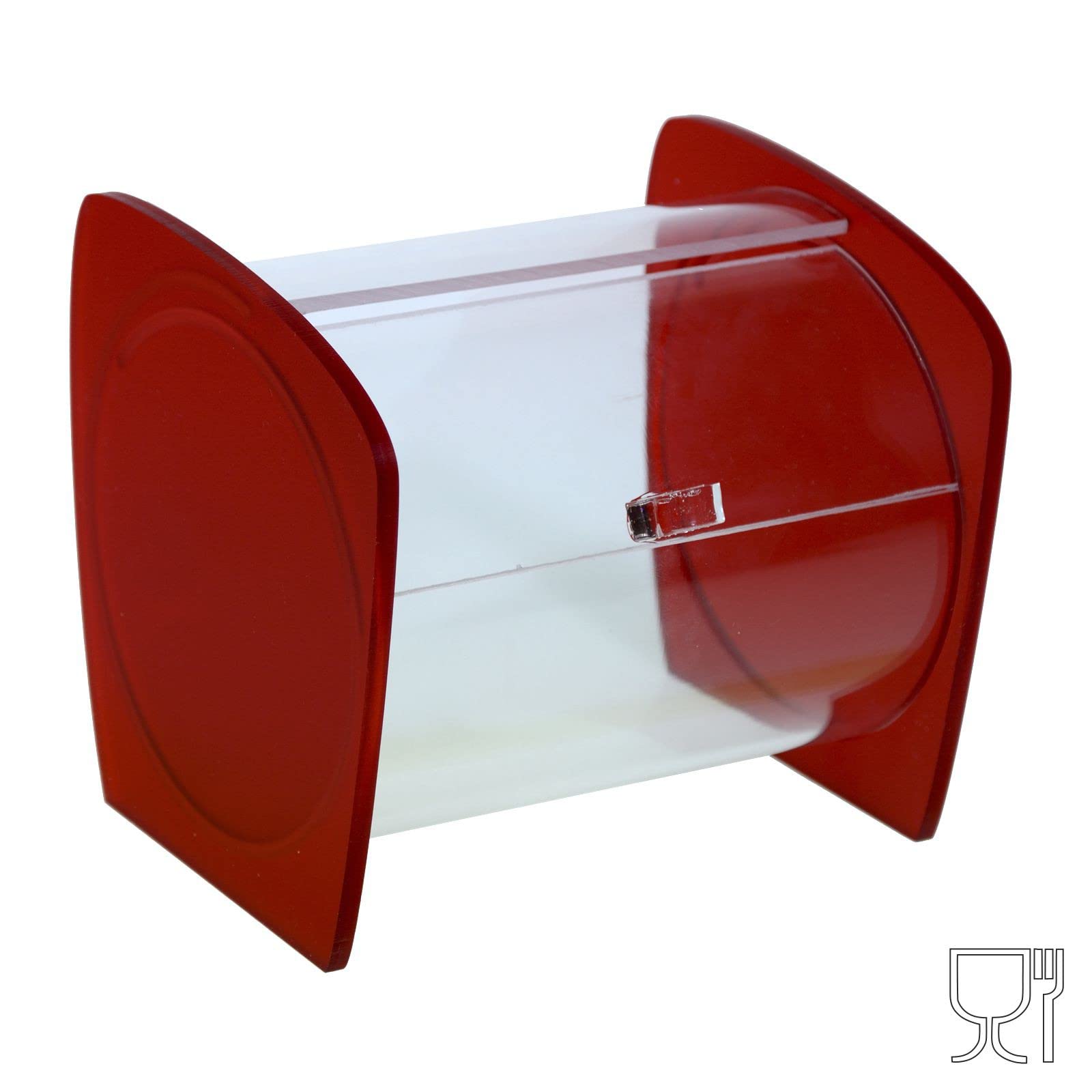 Portacaramelle confezionate sezione circolare in plexiglass trasparente e con pannelli laterali in plexiglass satinato ROSSO - Misure totali: L 15 x P 14 x H 14 cm