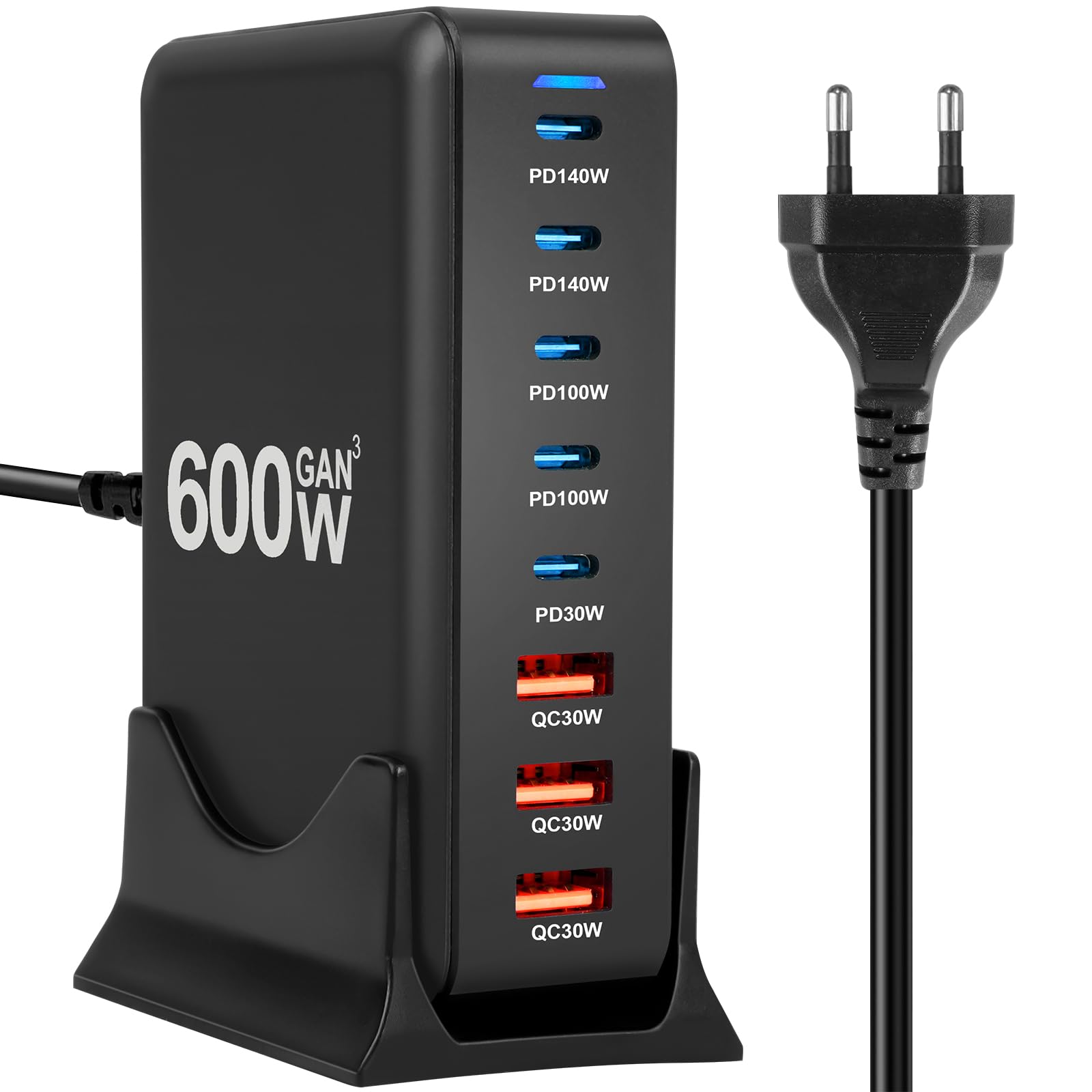 AXFEE Cargador USB C, 600W 8 Puertos Bloque de Carga rápida, Tres USB-A+5*USB-C Cargador Quick Charge, Conector de Pared multipuert Compatible con MacBook Pro/HP Laptop/iPad/iPhone/Huawei