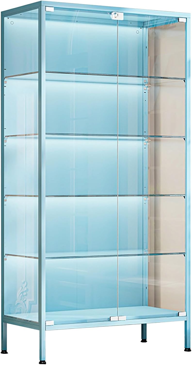 63" Glass Display Cabinet with LED Lights, Metal Curio Cabinet with Dual Doors, Adjustable Shelves, Assemble Required(Blue,60cm/23.6in)