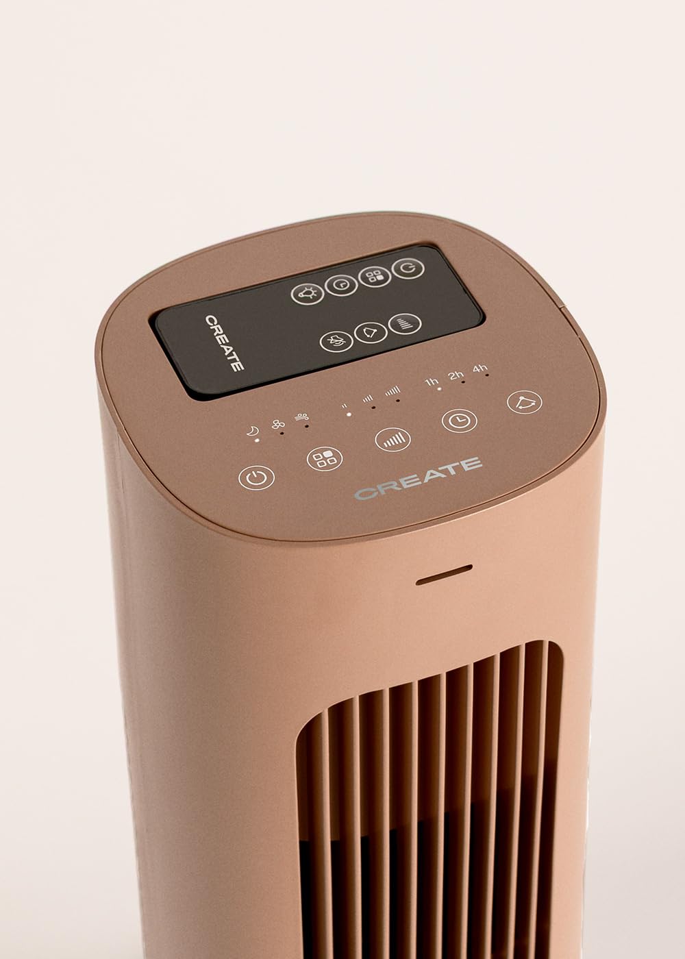CREATE / AIR TOWER/Ventilador de torre oscilante moca/Programable, oscilación 70°, silencioso, diseño compacto, Ø 26 x 76,4 cm, 4 velocidades, 3 modos de funcionamiento, 50W